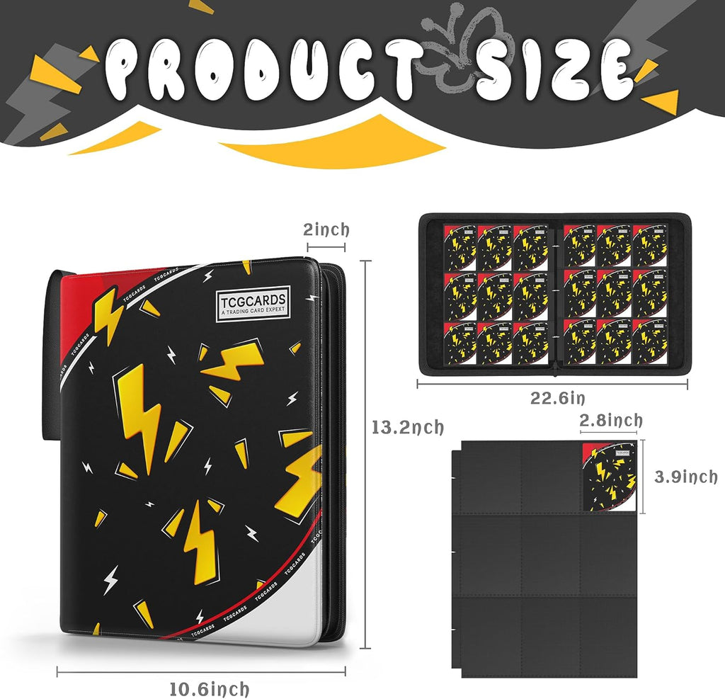 Trading Card Binder 9 Pocket, Card Book with 50 Removable Sleeves Fits 900 Cards, 3-Ring Zipper Design MTG/TCG/Sport Collection Album Gifts for Boys and Girls, Black