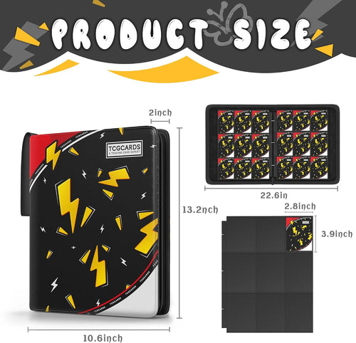 Trading Card Binder 9 Pocket, Card Book with 50 Removable Sleeves Fits 900 Cards, 3-Ring Zipper Design MTG/TCG/Sport Collection Album Gifts for Boys and Girls, Black
