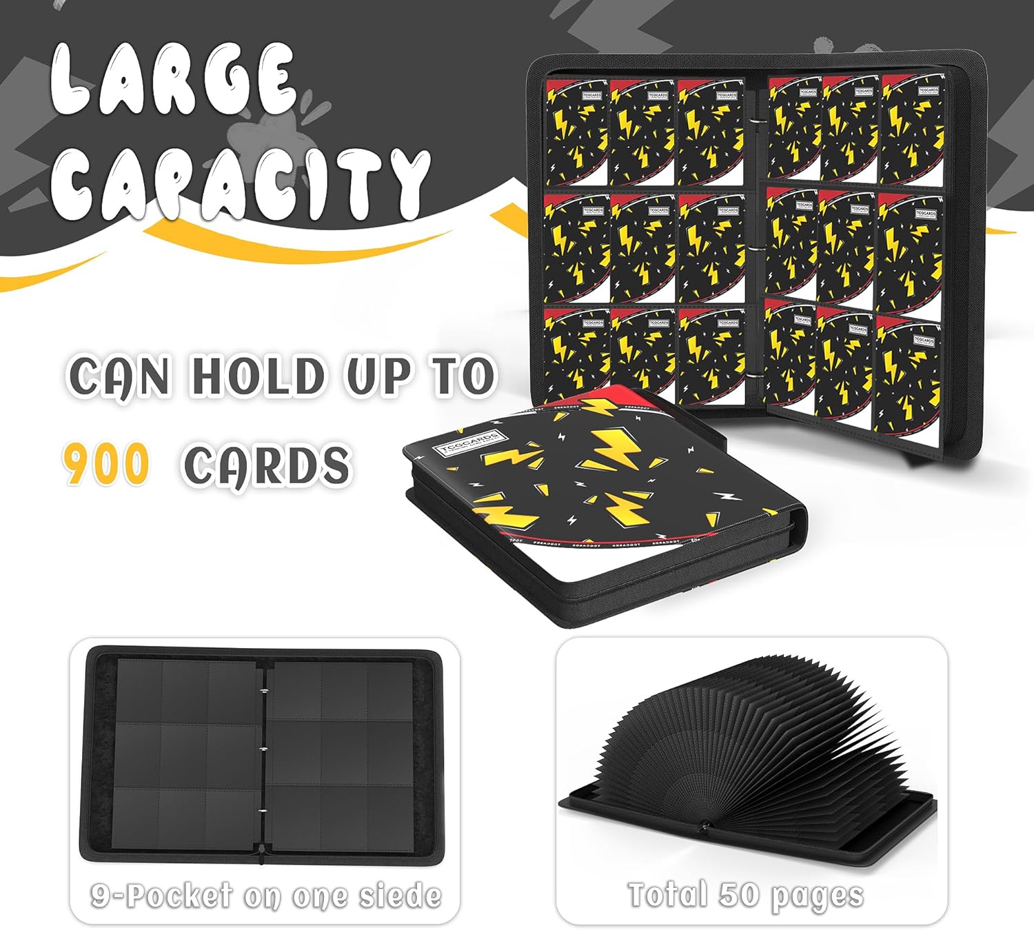 Trading Card Binder 9 Pocket, Card Book with 50 Removable Sleeves Fits 900 Cards, 3-Ring Zipper Design MTG/TCG/Sport Collection Album Gifts for Boys and Girls, Black