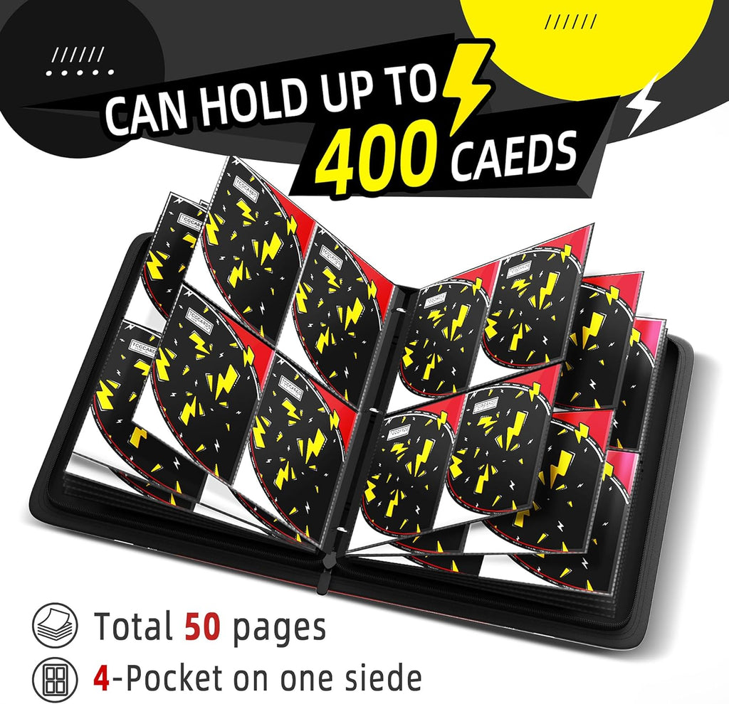 Trading Card Binder 4 Pocket,400 Pocket Card Collection Binder with 50 Removable Sleeves,PU Waterproof Top Card Book,3-Ring Zipper Collectible Trading Card Album for MTG/TCG/Card Holder Gift