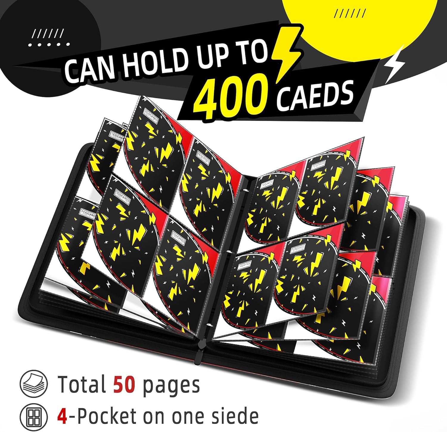 Trading Card Binder 4 Pocket,400 Pocket Card Collection Binder with 50 Removable Sleeves,PU Waterproof Top Card Book,3-Ring Zipper Collectible Trading Card Album for MTG/TCG/Card Holder Gift